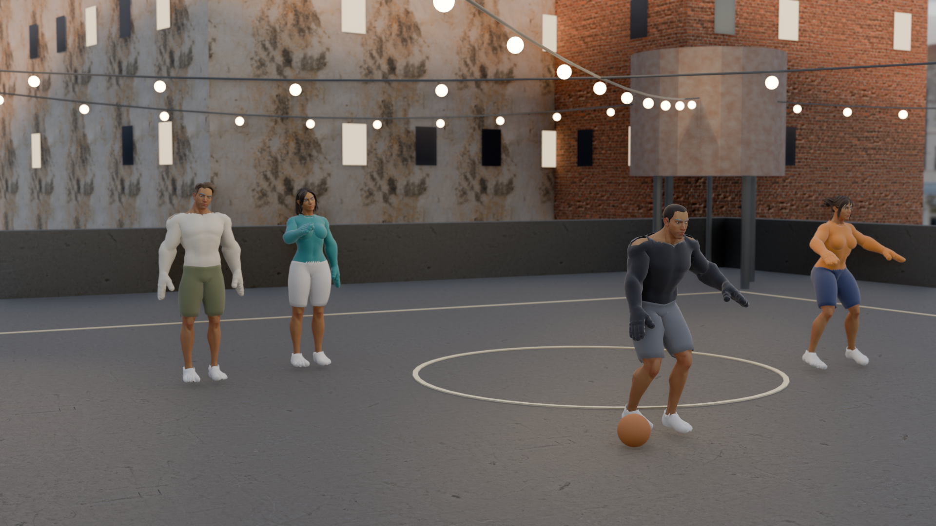 Rooftop streetball court at twilight: four players under string lights, brick buildings behind